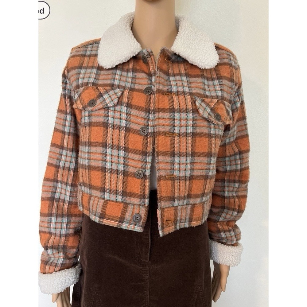 Fiesta Womens 90s Y2K Vintage Orange Plaid Sherpa Trim Cropped Jacket Coat Sz M